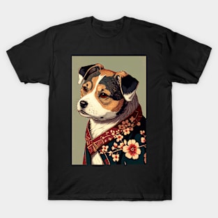 Brown and White dog with green robe - Japanese style T-Shirt